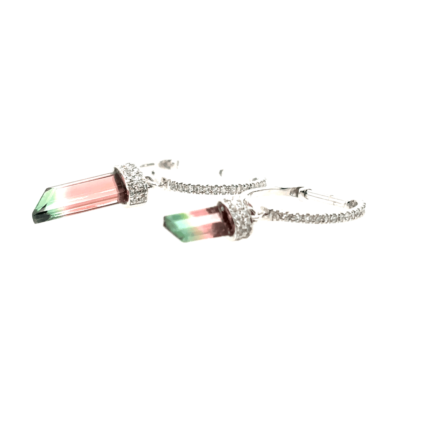 Meira T 14k White Gold Watermelon Tourmaline drop and Diamond Huggie Hoops