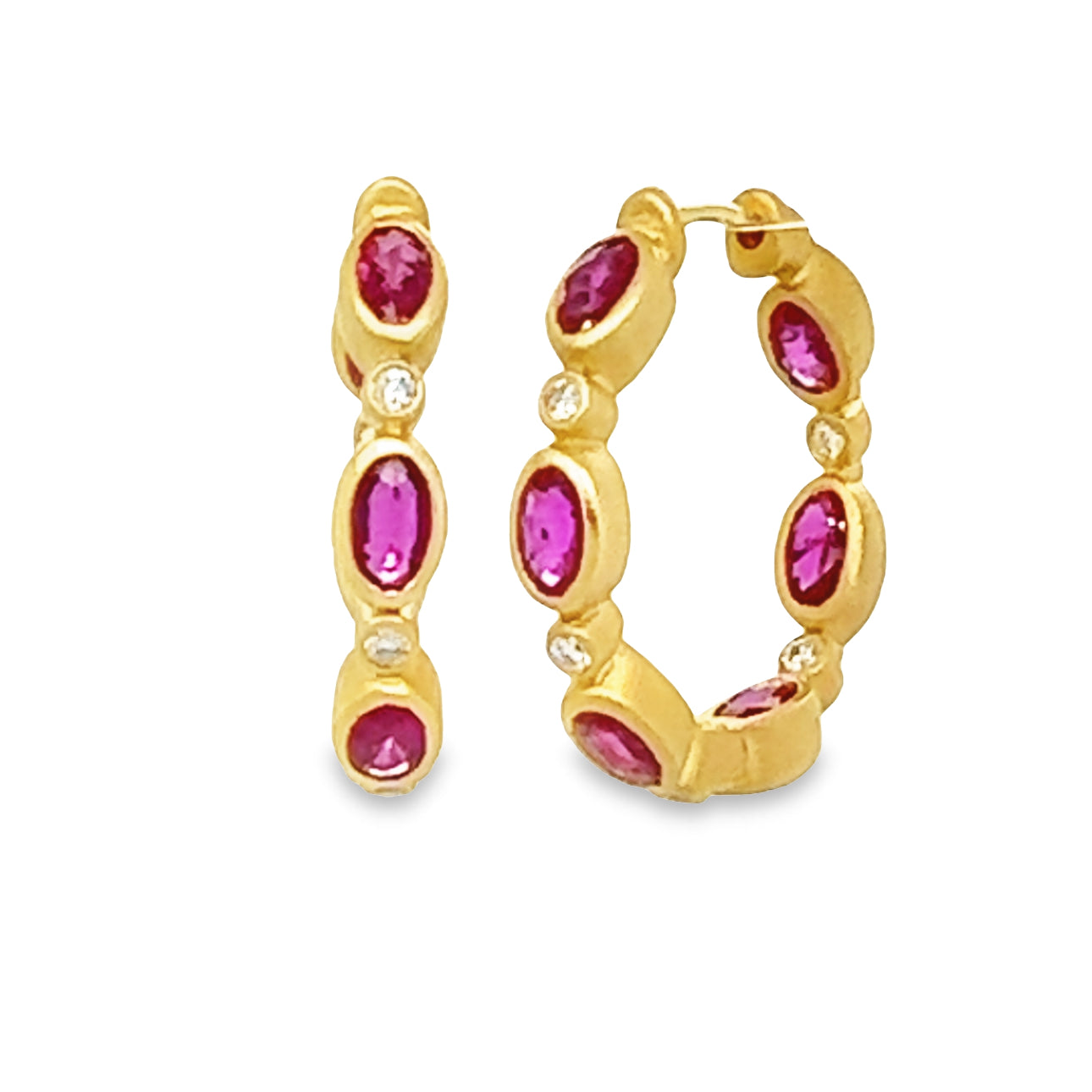 Bezel-set Ruby and Diamond Matte Hoops