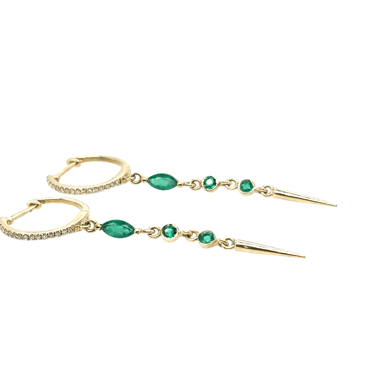Meira T 14k Long Emerald and Diamond Drop Huggie Hoops