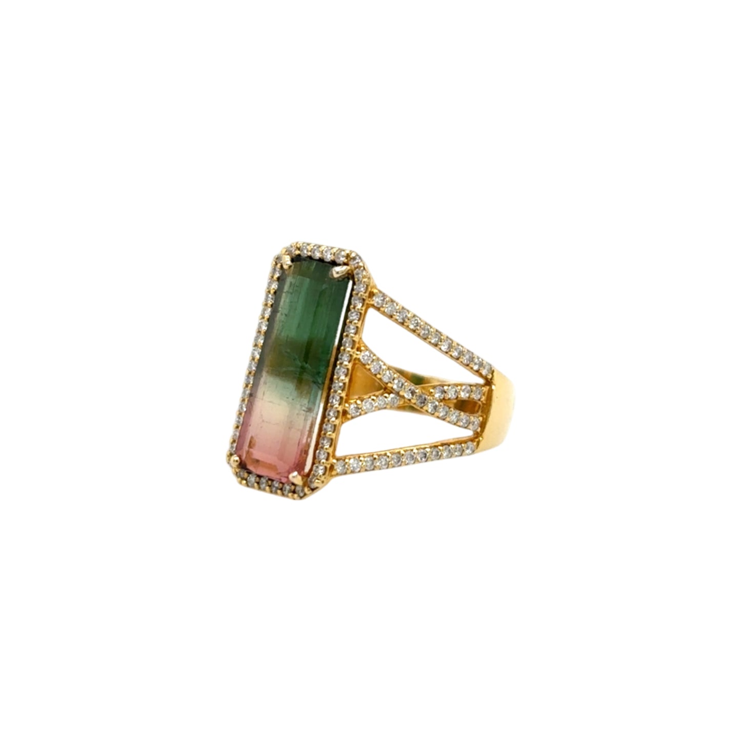 14KT Emerald-Cut Watermelon Tourmaline and Diamond Cocktail Ring