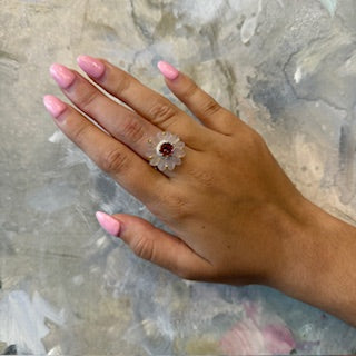 14KT Quartz & Pink Tourmaline Flower Ring with Diamond Halo