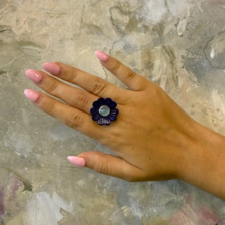 14k Lapis and Aquamarine Flower Ring