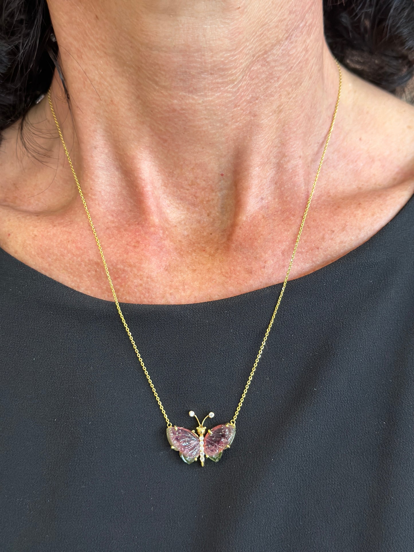 14k Watermelon Tourmaline and Diamond Butterfly Necklace