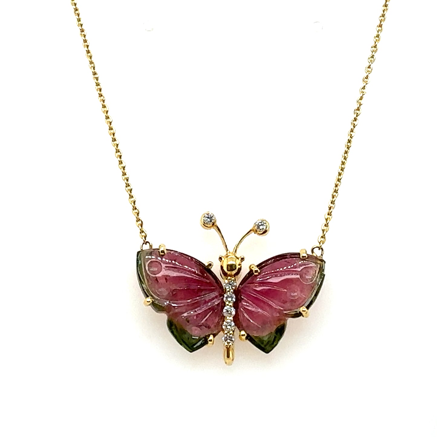 14k Watermelon Tourmaline and Diamond Butterfly Necklace