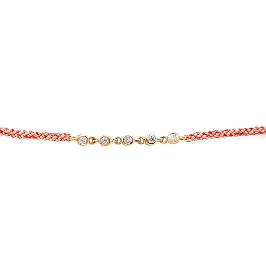 Scosha 14kt Yellow Gold Five Diamond Bezel Pink Cord Bracelet