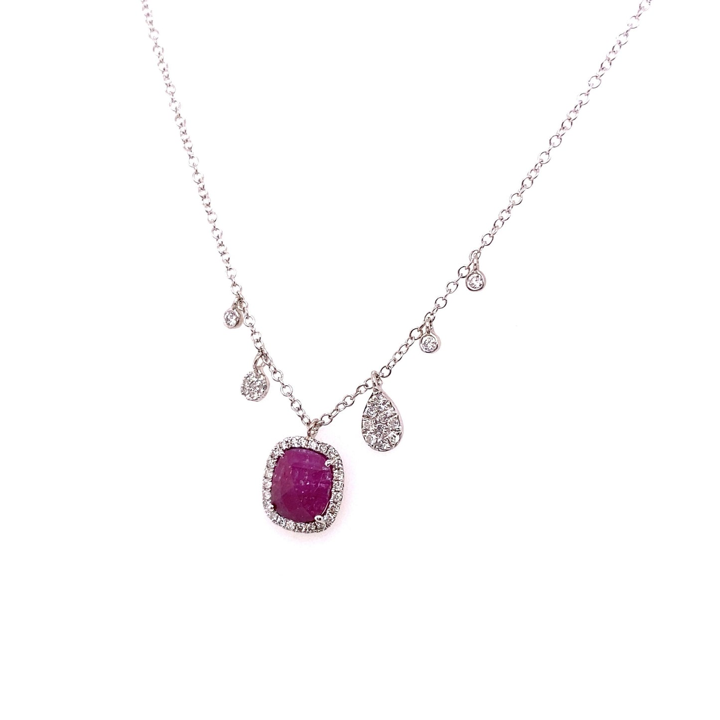 Meira T 14kt White Gold Cushion Ruby and Diamond Halo Charm Necklace