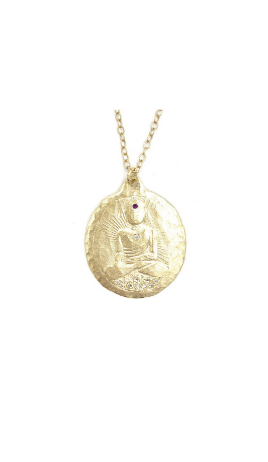 Victoria Cunningham 14kt Yellow Gold Diamond + Ruby Buddha Necklace