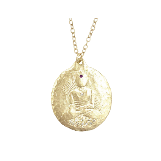 Victoria Cunningham 14kt Yellow Gold Diamond + Ruby Buddha Necklace
