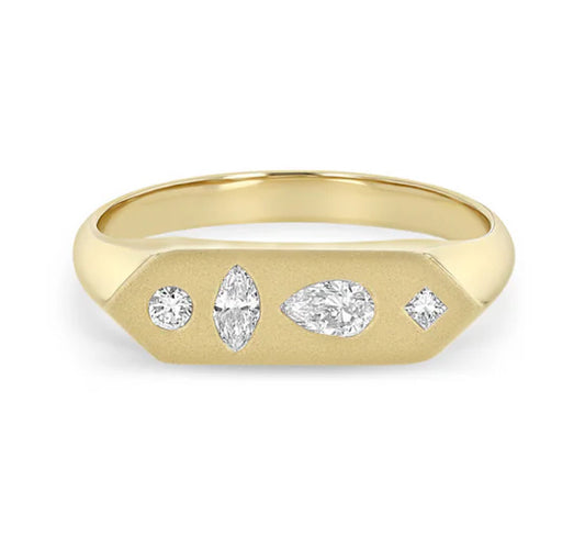 Zoë Chicco 14kt Diamond Mosaic Brushed Gold Hexagonal Signet Ring
