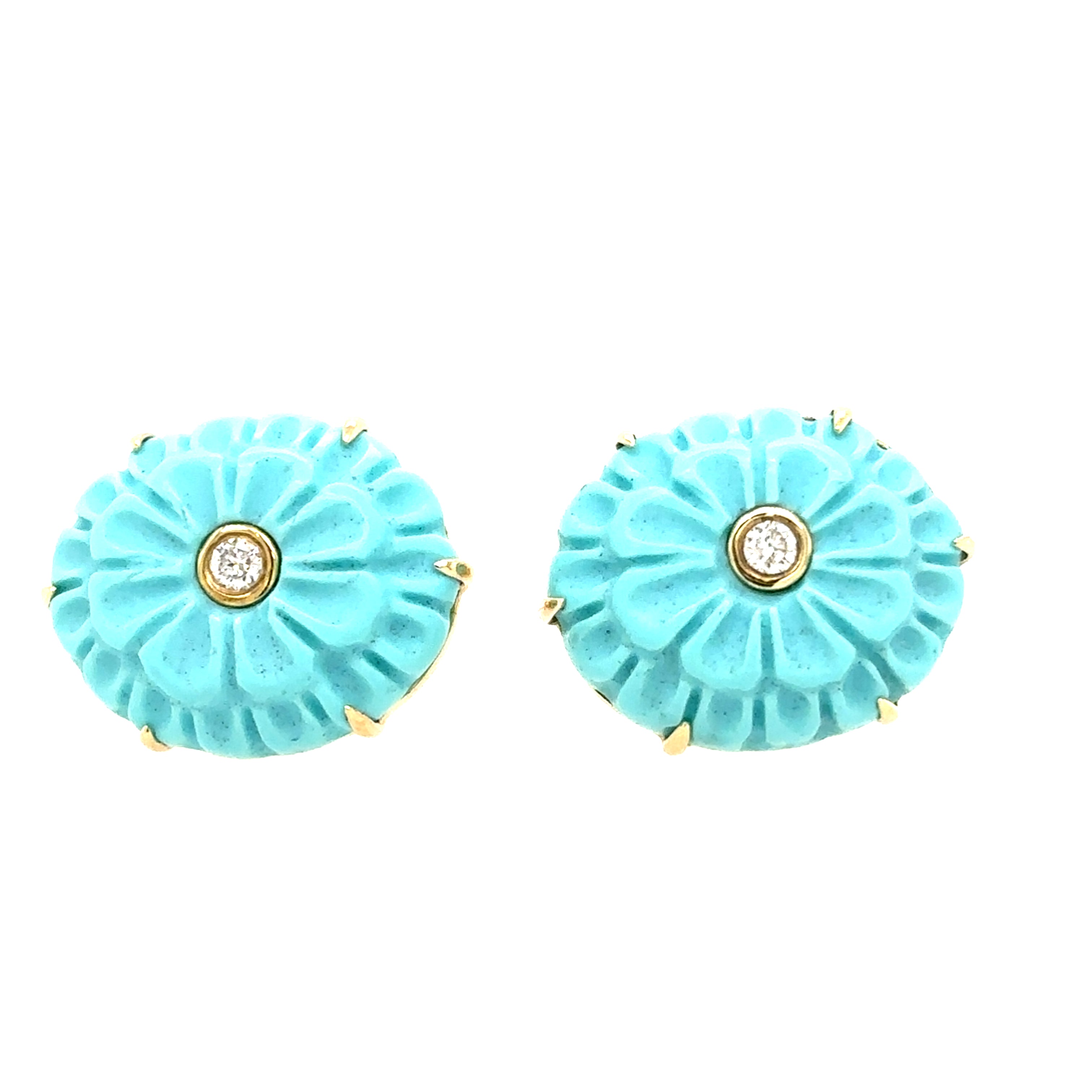 Meira T 14k carved Turquoise and Diamond Flower Studs