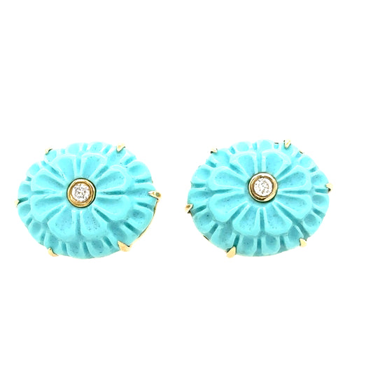 Meira T 14k carved Turquoise and Diamond Flower Studs