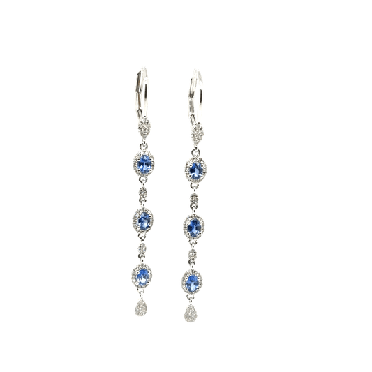 Meira T 14KT White Gold Diamond Halo 3 Oval Sapphire Drop Earrings