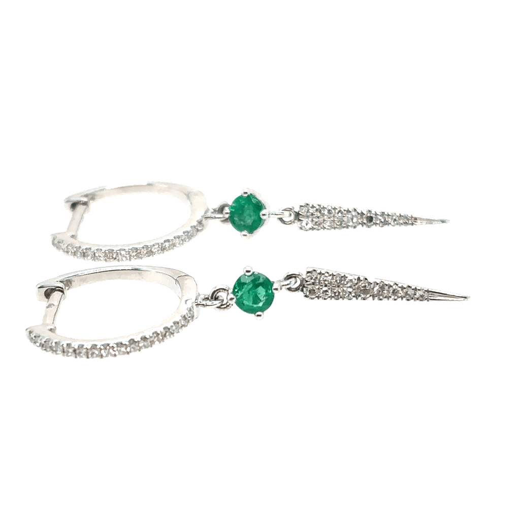 Meira T 14k White Gold Round Emerald and Diamond Point Huggy Earrings
