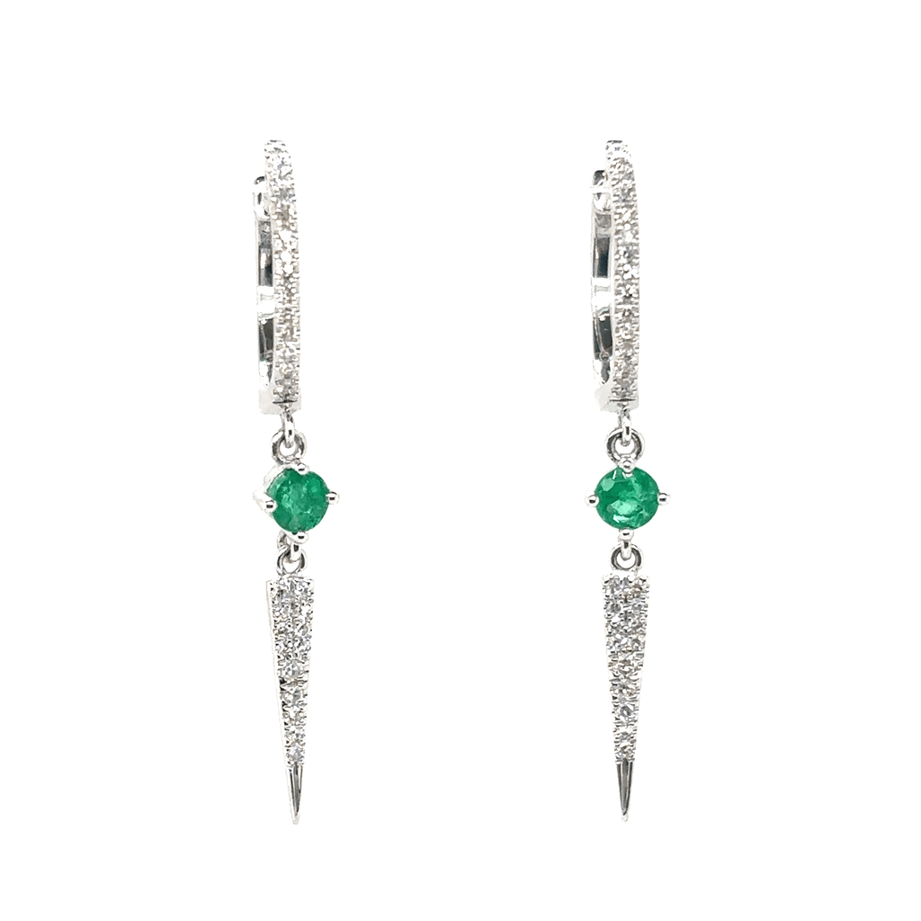 Meira T 14k White Gold Round Emerald and Diamond Point Huggy Earrings