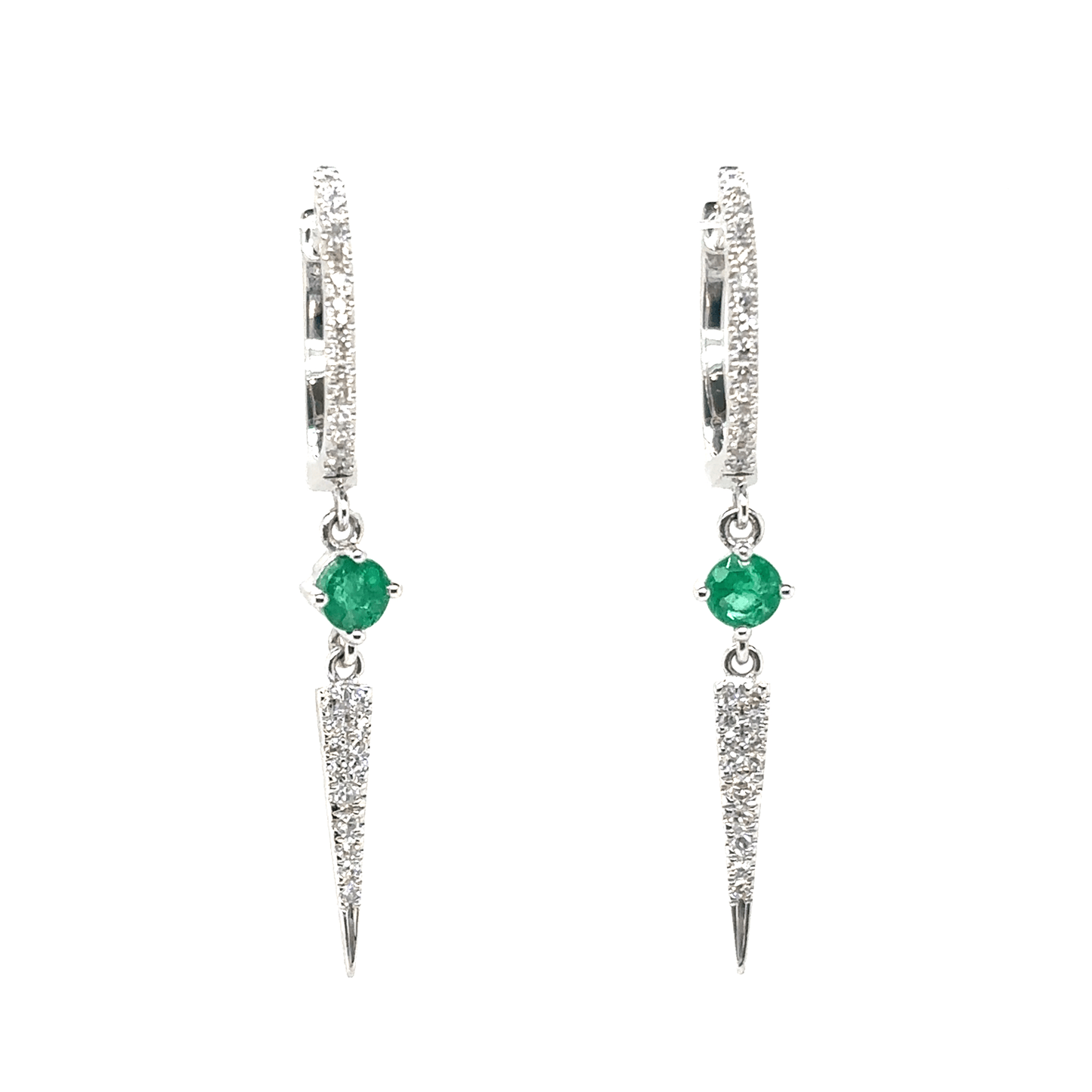 Meira T 14KT White Gold Round Emerald and Diamond Point Huggy Earrings
