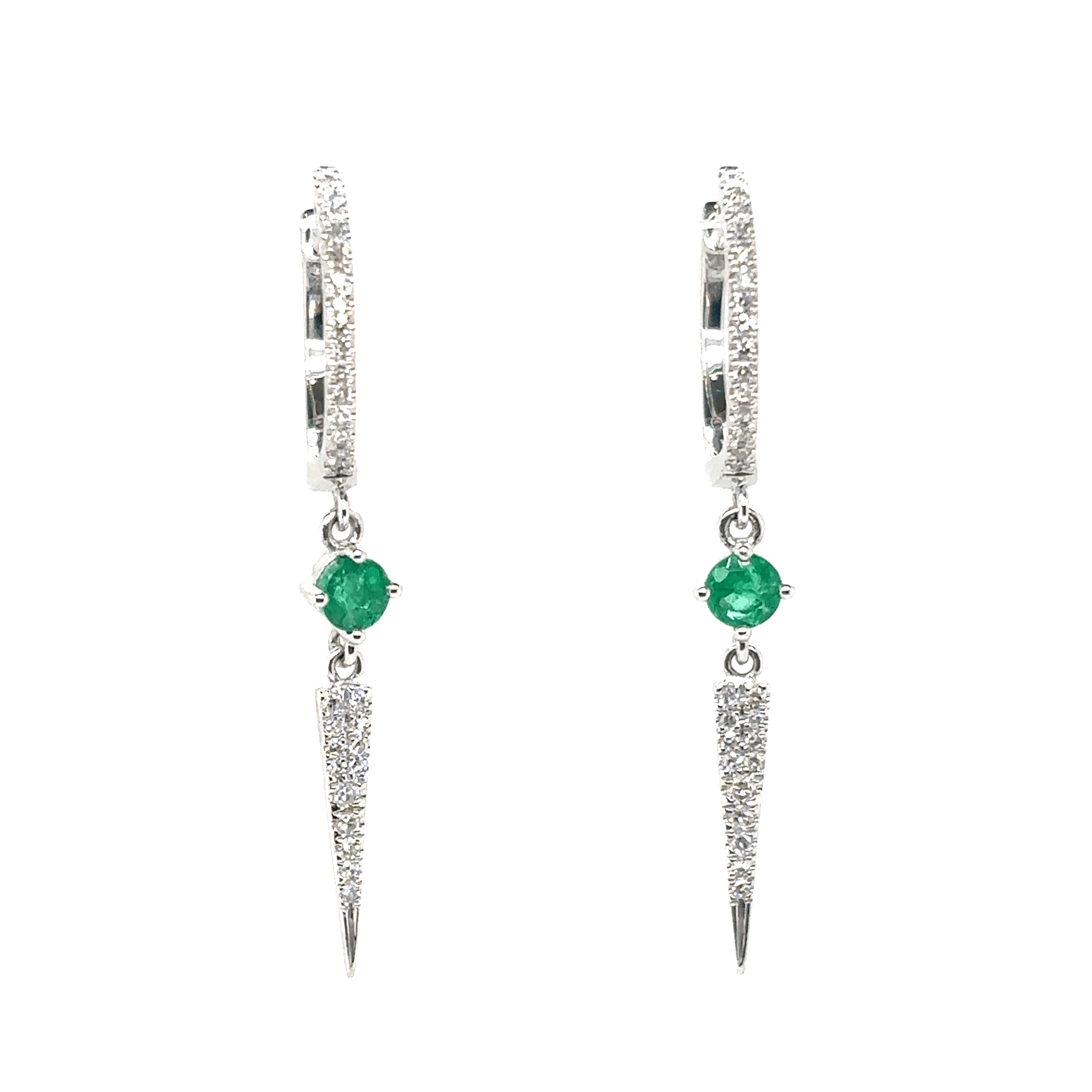 Meira T 14k White Gold Round Emerald and Diamond Point Huggy Earrings