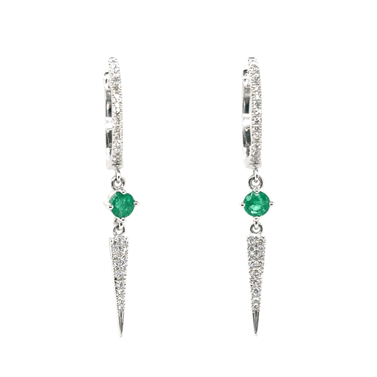 Meira T 14KT White Gold Round Emerald and Diamond Point Huggy Earrings