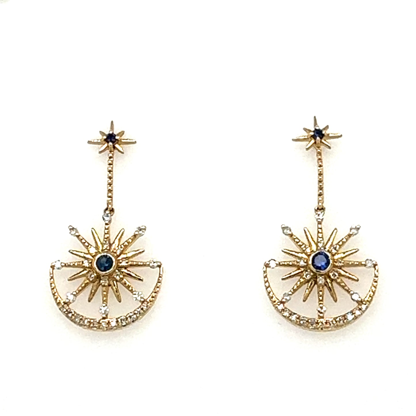 14kt Sapphire and Diamond Starburst and Moon Drop Earrings
