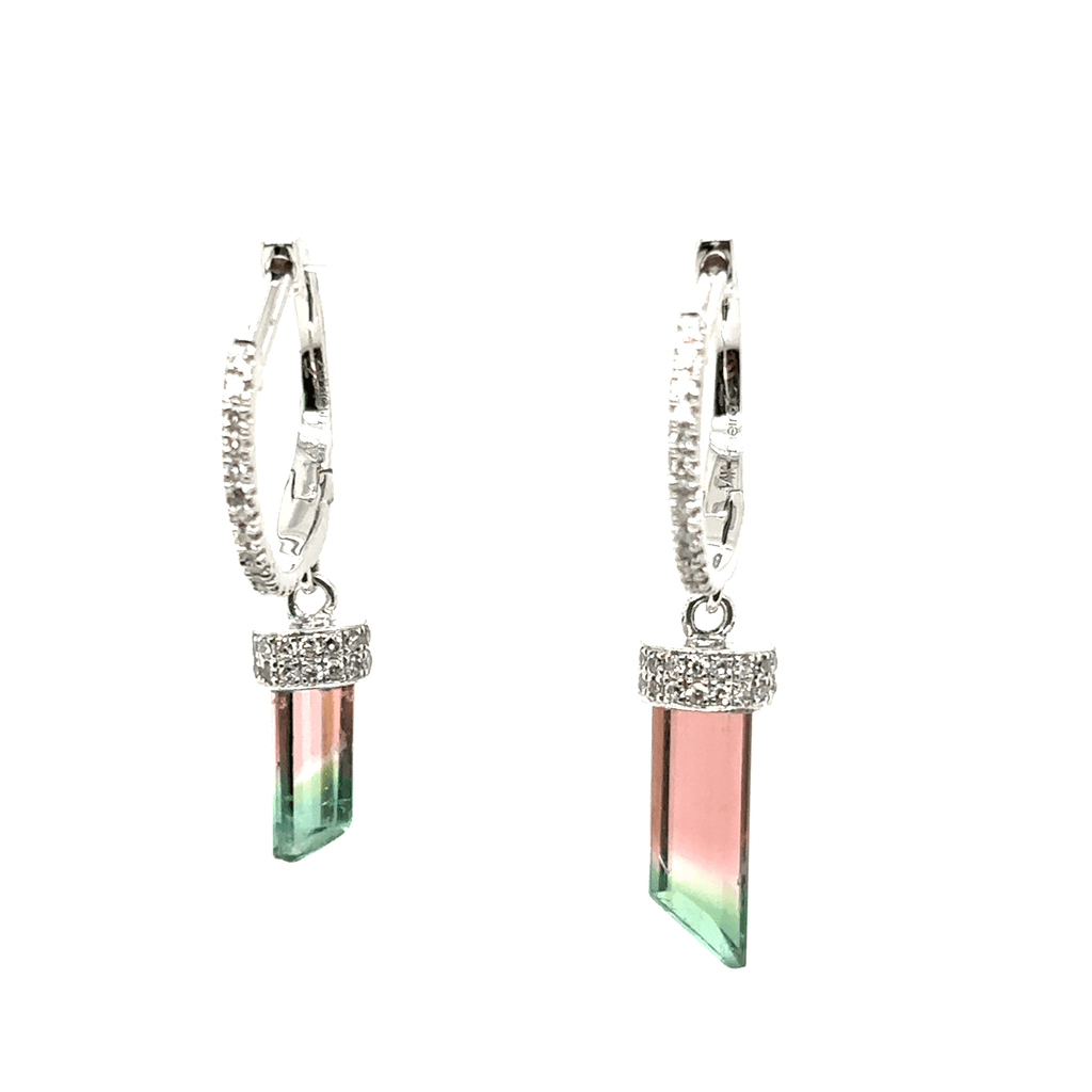 Meira T 14k White Gold Watermelon Tourmaline drop and Diamond Huggie Hoops