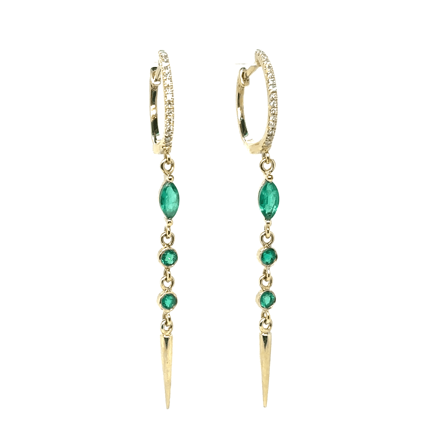 Meira T 14k Long Emerald and Diamond Drop Huggie Hoops