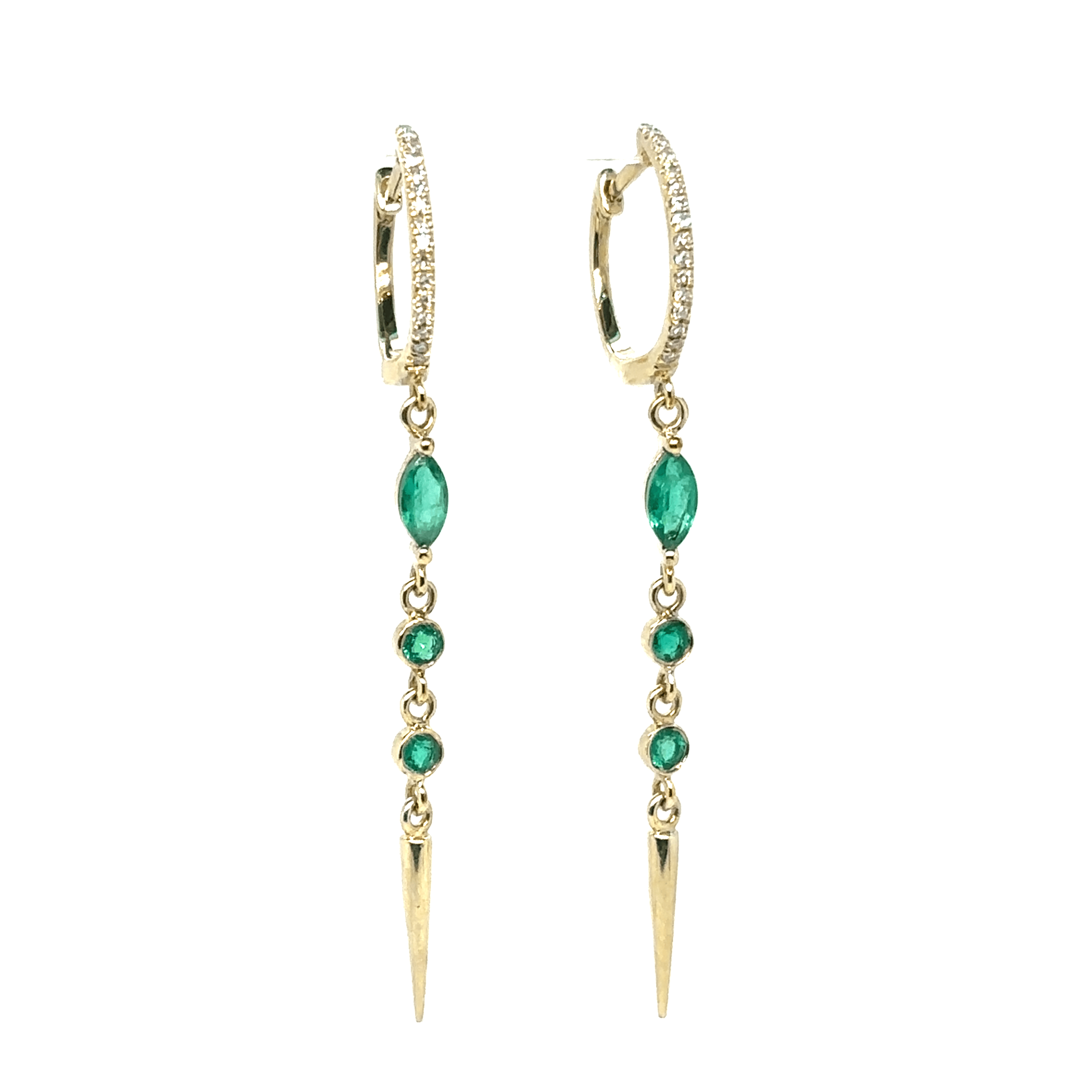 Meira T 14k Long Emerald and Diamond Drop Huggie Hoops