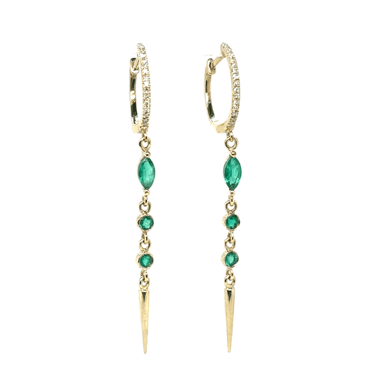 Meira T 14k Long Emerald and Diamond Drop Huggie Hoops