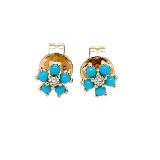 14KT Turquoise and Diamond Flower Stud Earrings