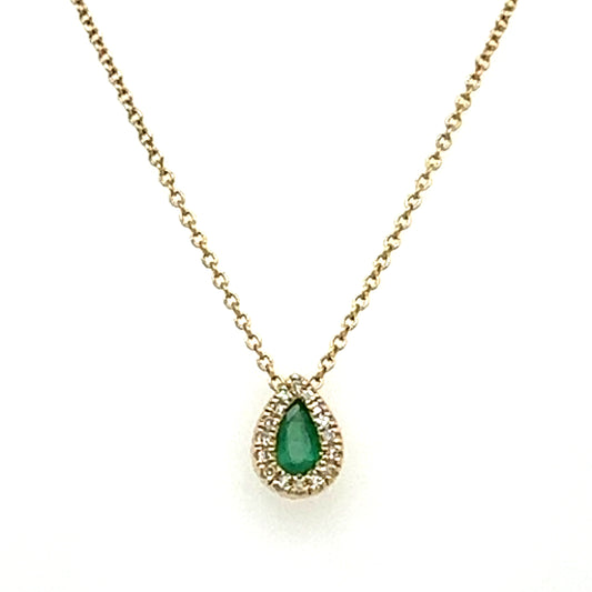 14kt Teardrop Emerald Necklace with Diamond Halo