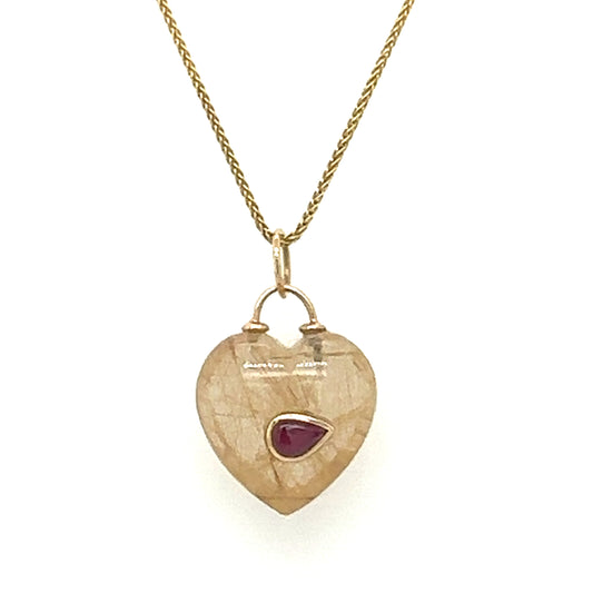 14kt Rutilated Quartz Heart Pendant with Ruby