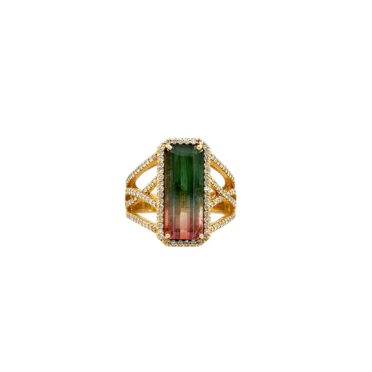 14KT Emerald-Cut Watermelon Tourmaline and Diamond Cocktail Ring