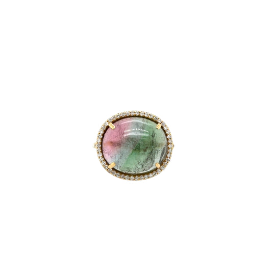 18KT Cabochon Watermelon Tourmaline and Diamond Ring