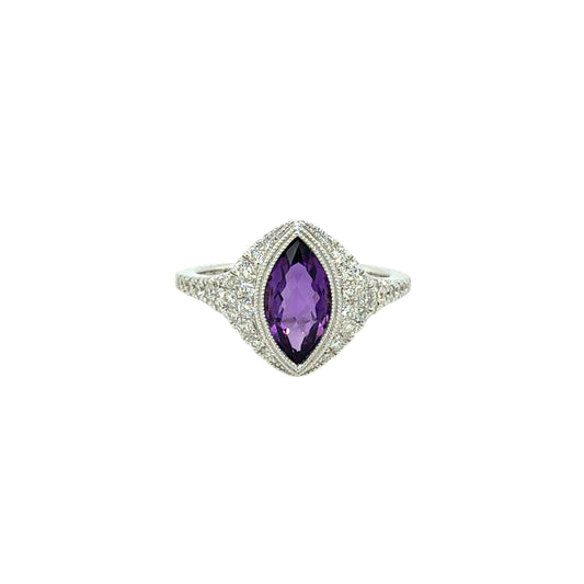 14KT Marquise-Cut Amethyst and Diamond Ring