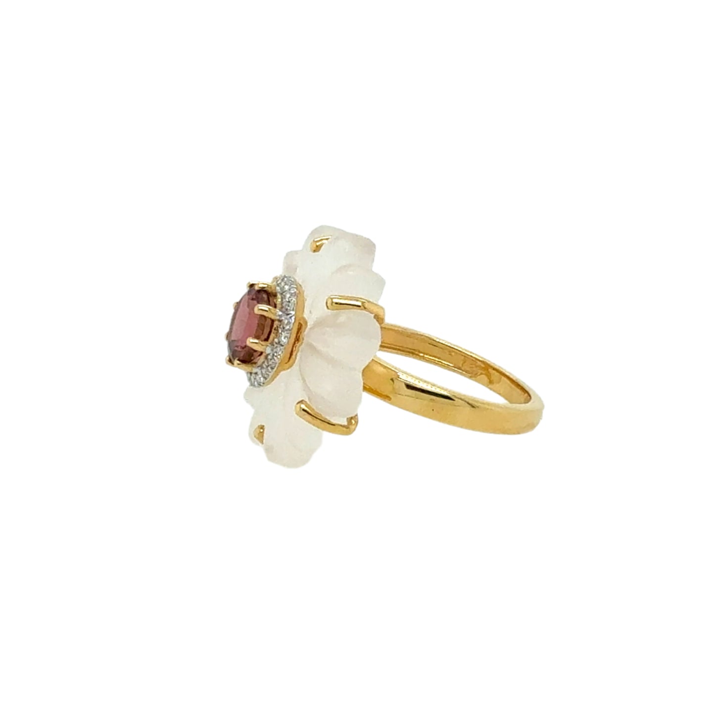 14KT Quartz & Pink Tourmaline Flower Ring with Diamond Halo