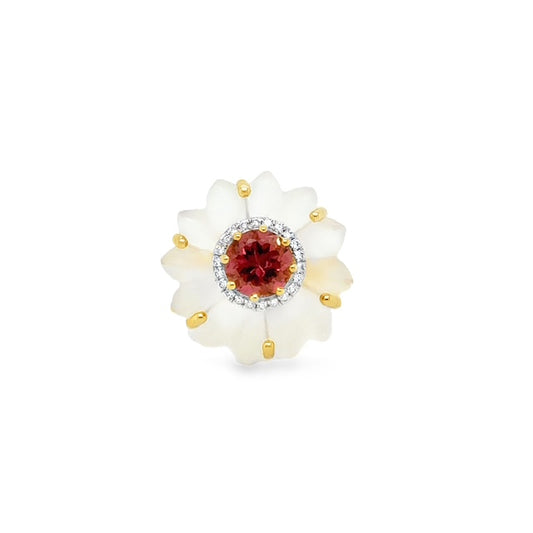 14KT Quartz & Pink Tourmaline Flower Ring with Diamond Halo