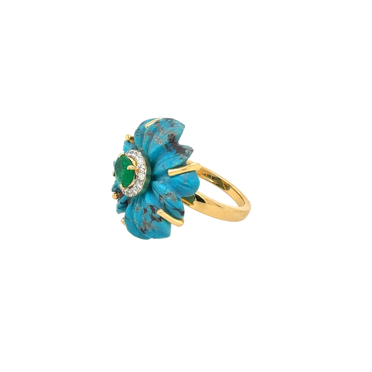 14KT Turquoise Flower Ring with Emerald and Diamonds