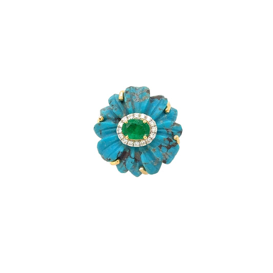 14KT Turquoise Flower Ring with Emerald and Diamonds