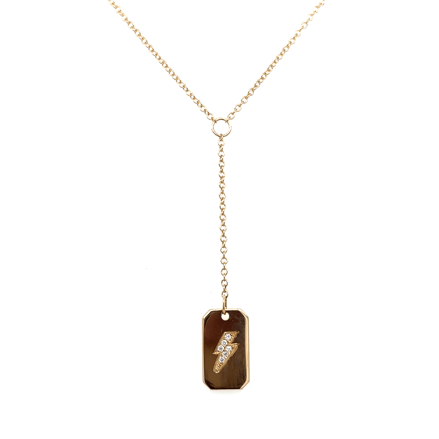Zoë Chicco 14k Pave Diamond Lightning Bolt Engraved Dog Tag Lariat Necklace