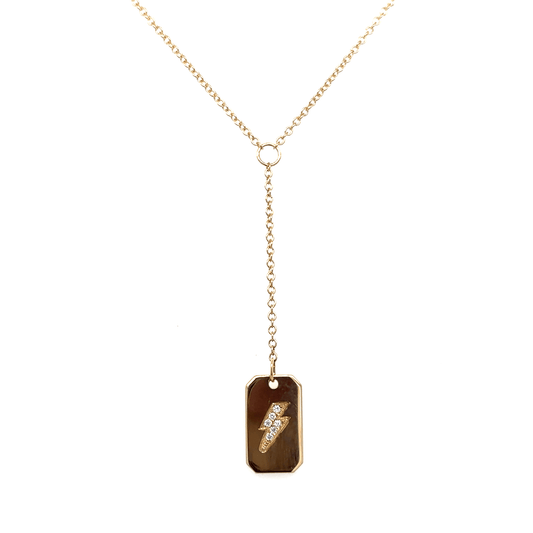 Zoë Chicco 14k Pave Diamond Lightning Bolt Engraved Dog Tag Lariat Necklace