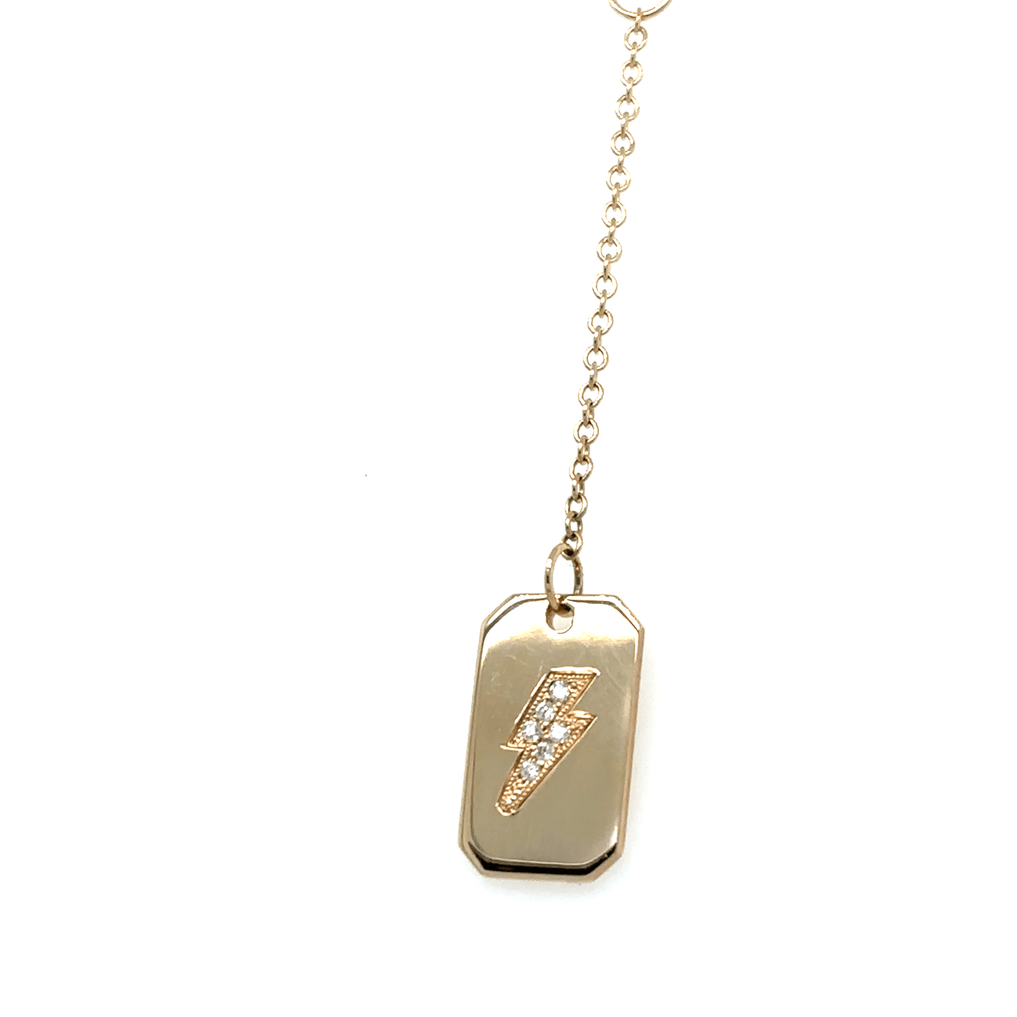 Zoë Chicco 14k Pave Diamond Lightning Bolt Engraved Dog Tag Lariat Necklace