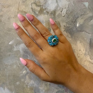 14KT Turquoise Flower Ring with Emerald and Diamonds