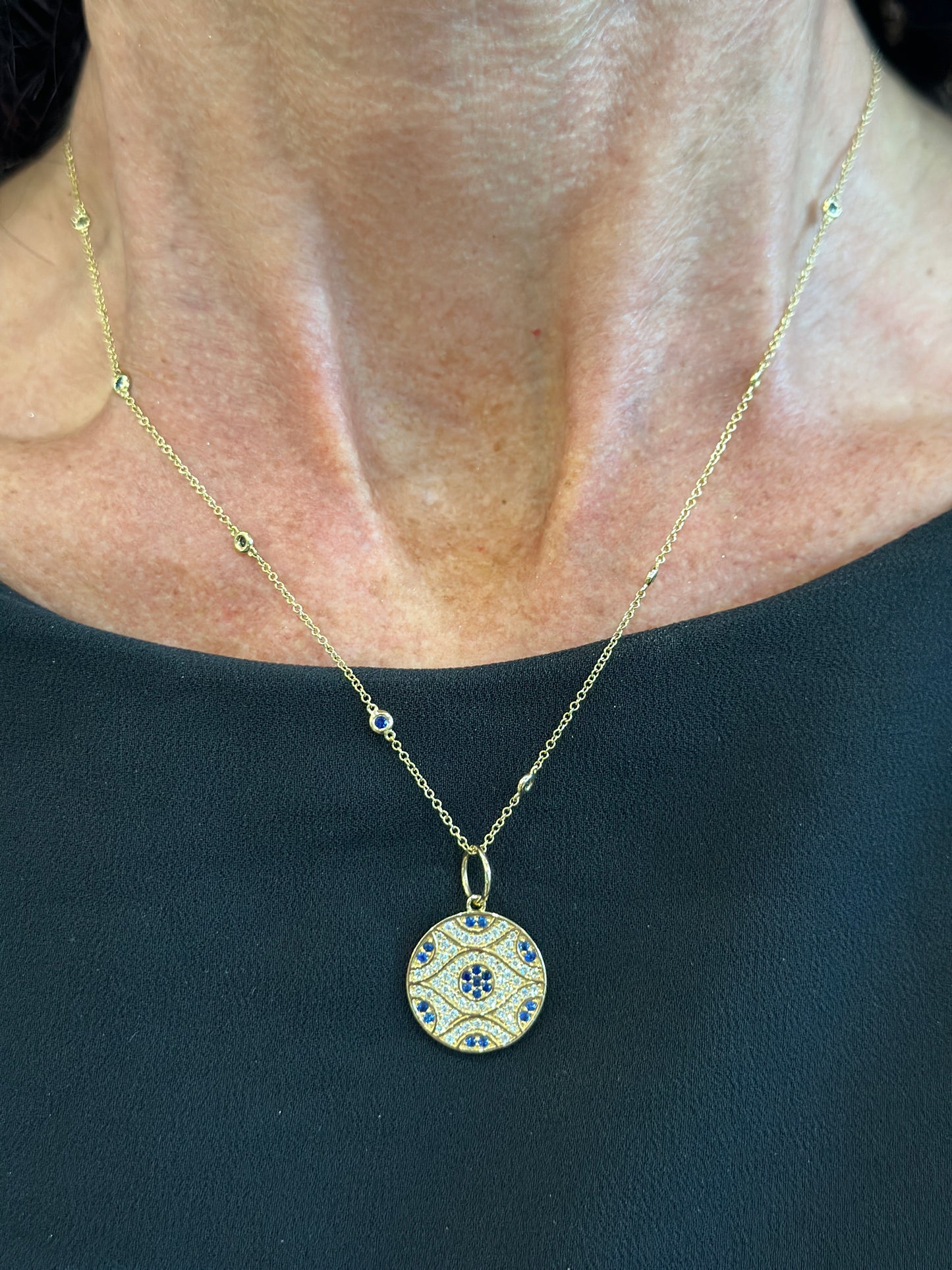 14kt Sapphire and Diamond Eye Pendant