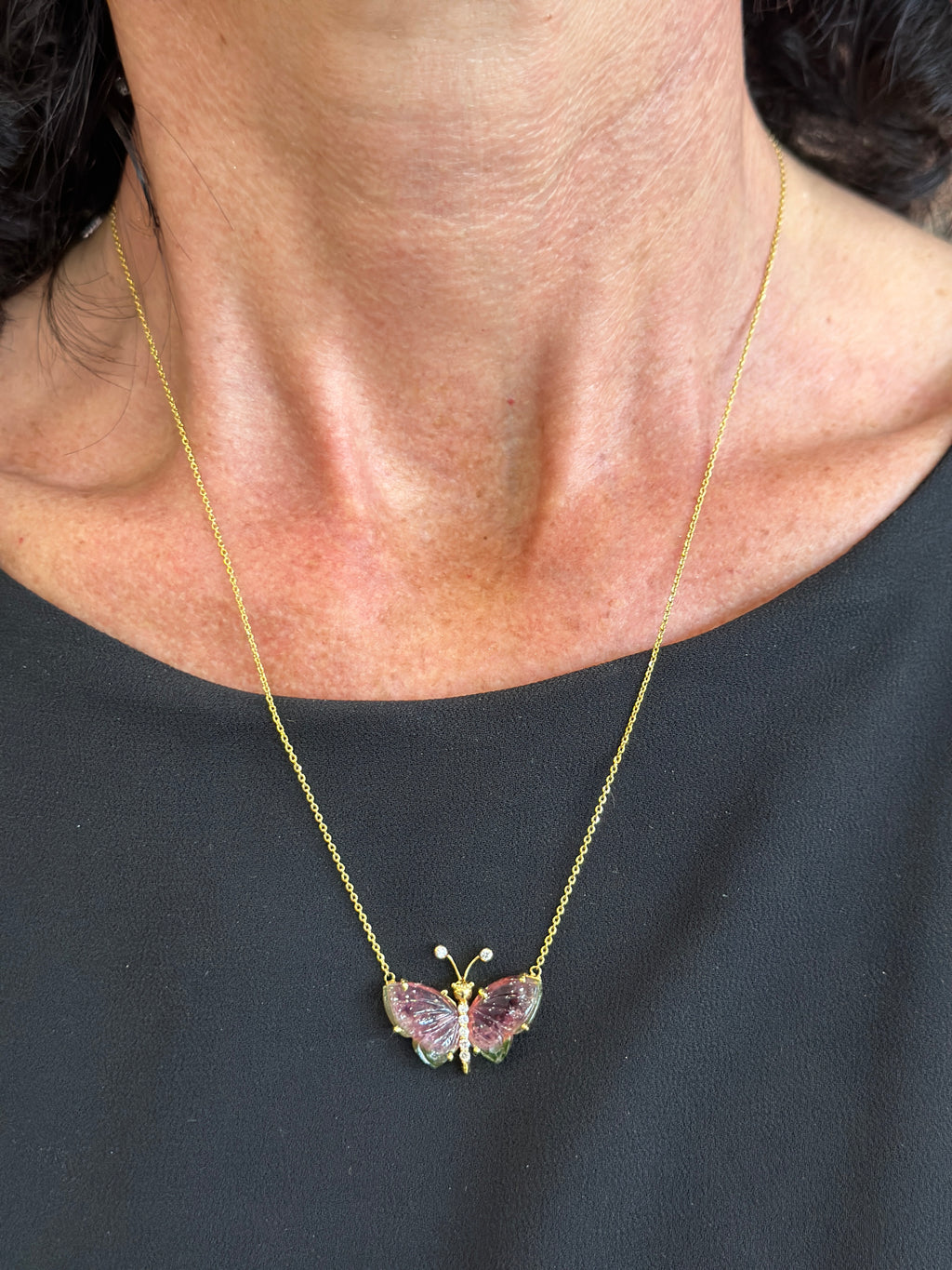 14k Watermelon Tourmaline and Diamond Butterfly Necklace