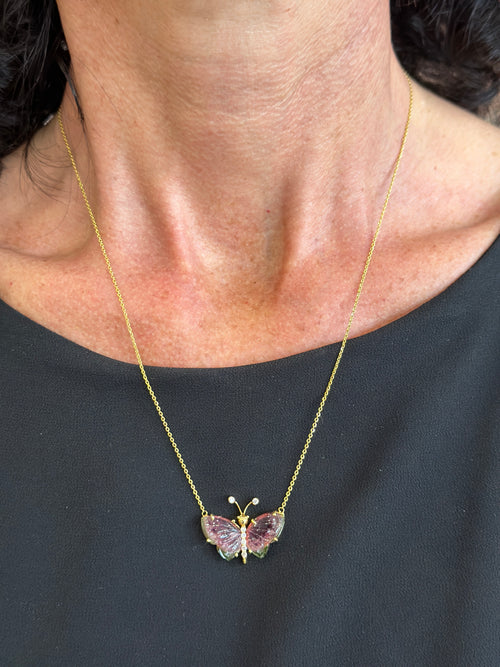 14k Watermelon Tourmaline and Diamond Butterfly Necklace