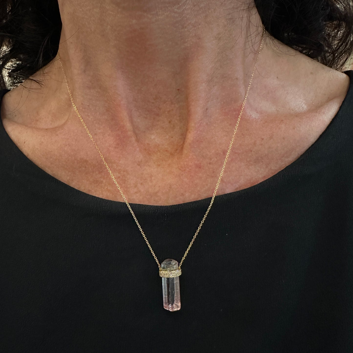 14kt Pink Ombre Tourmaline Point Necklace with Diamonds