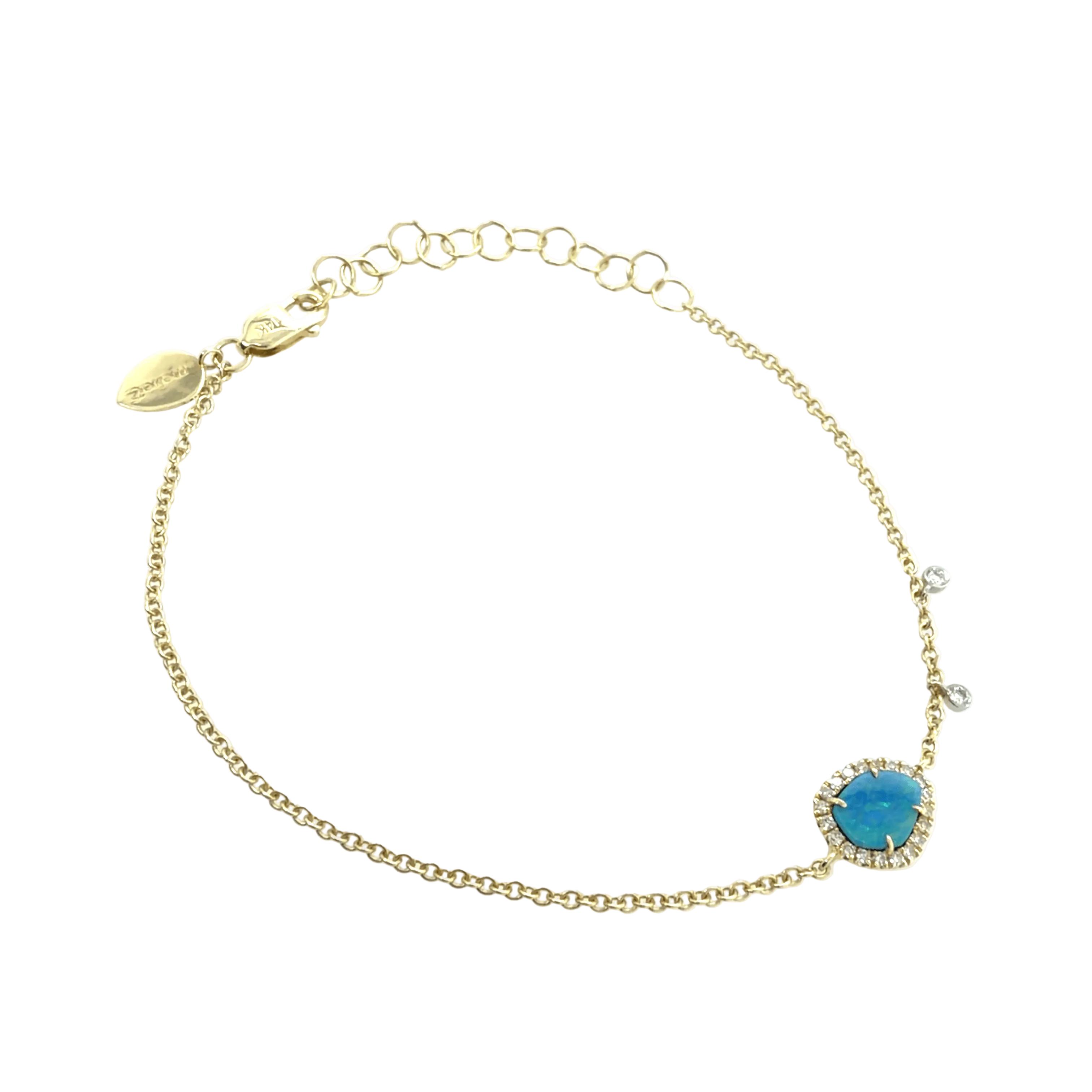A delicate yellow gold chain bracelet by Meira T featuring a central oval blue opal surrounded by a diamonds, displayed on a clean white background at Lindy's Jewelry.