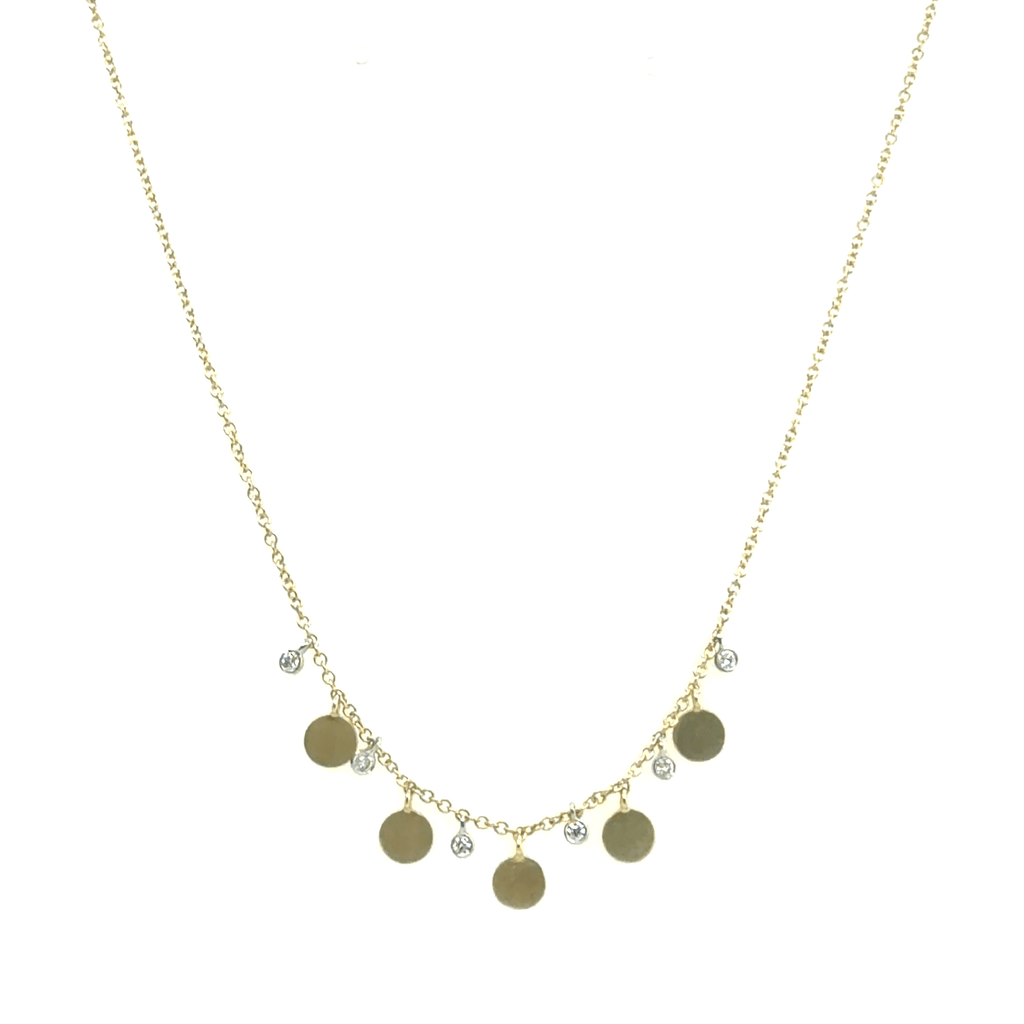 A gold chain Meira T necklace featuring five flat round gold disc charms and five small diamond pendants, displayed against a solid white background at Lindy's jewelry