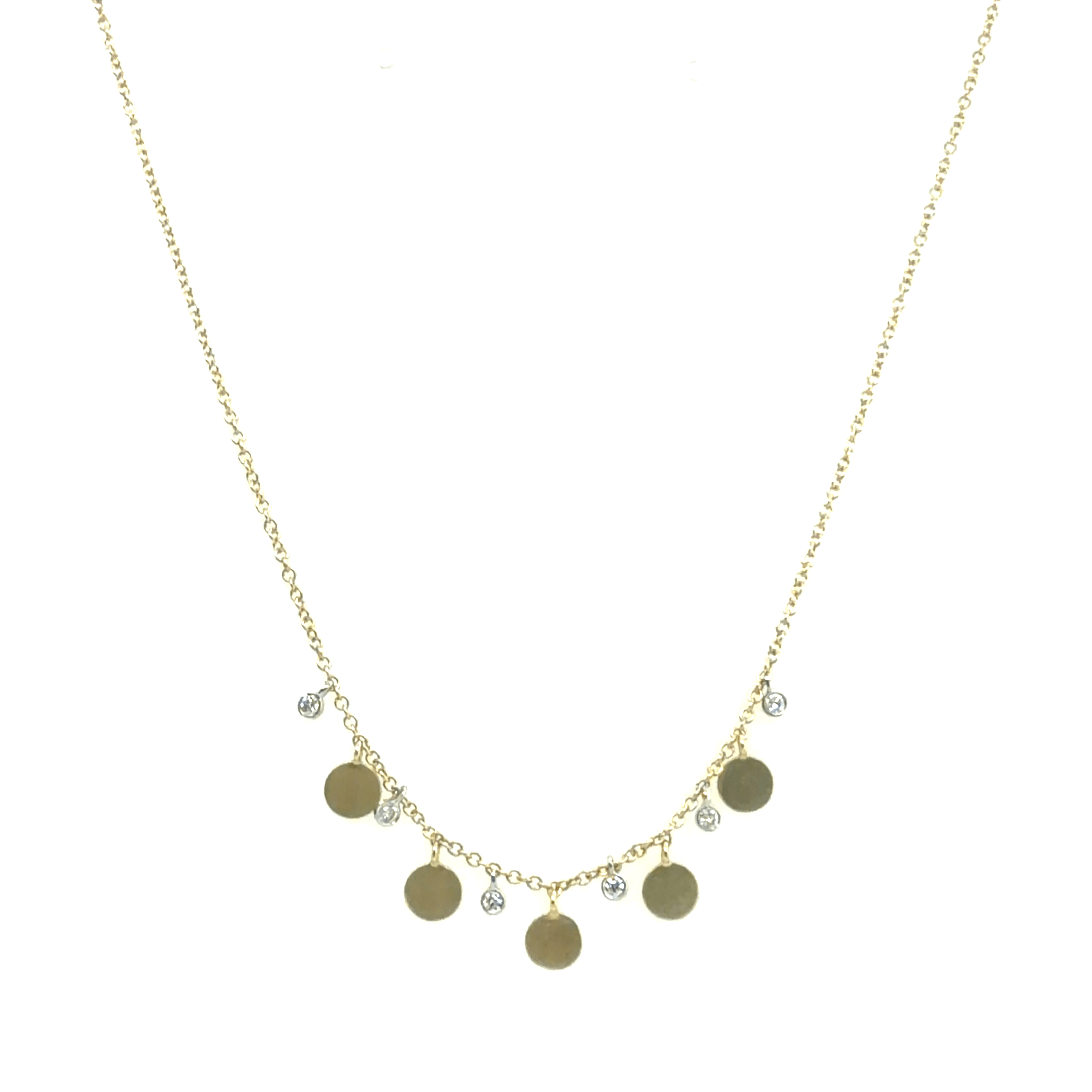 A gold chain Meira T necklace featuring five flat round gold disc charms and five small diamond pendants, displayed against a solid white background at Lindy's jewelry
