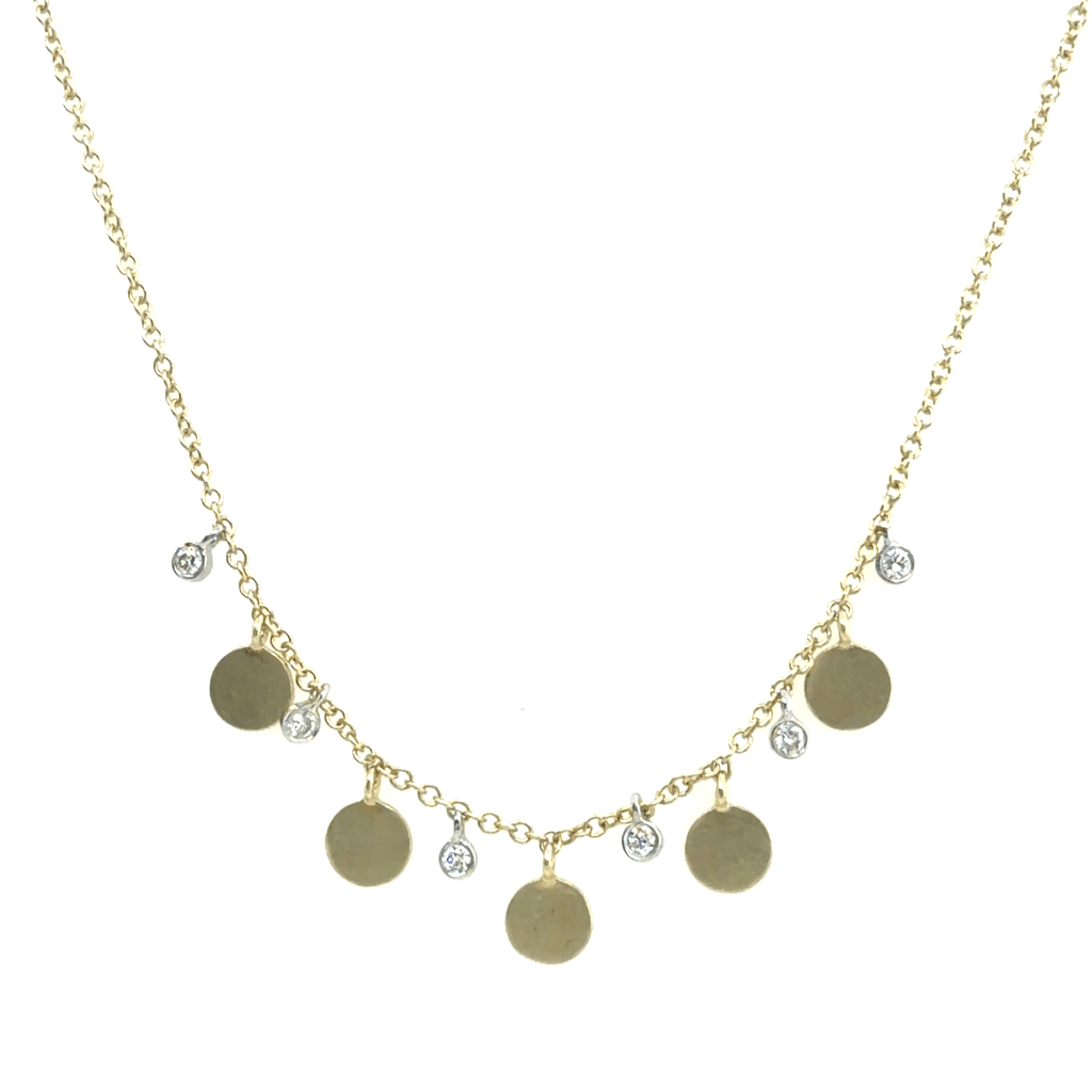 A gold chain Meira T necklace featuring five flat round gold disc charms and five small diamond pendants, displayed against a solid white background at Lindy's jewelry