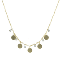A gold chain Meira T necklace featuring five flat round gold disc charms and five small diamond pendants, displayed against a solid white background at Lindy's jewelry