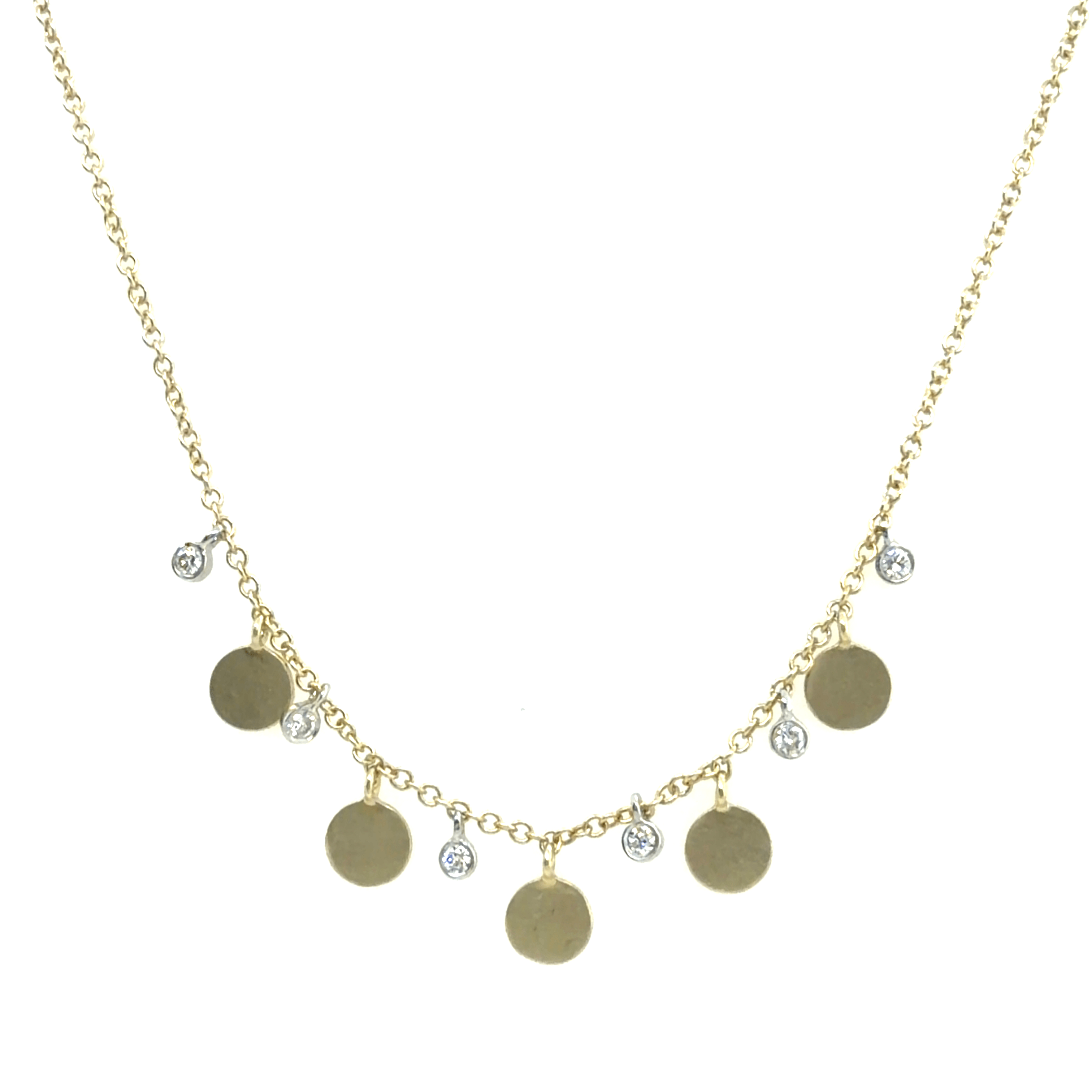 A gold chain Meira T necklace featuring five flat round gold disc charms and five small diamond pendants, displayed against a solid white background at Lindy's jewelry